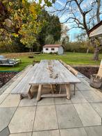 Prachtige eettafel + 4 stoelen + bank in eik, Tuin en Terras, Picknicktafels, Ophalen, Zo goed als nieuw