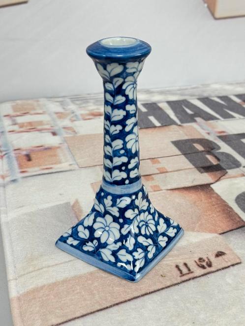 Blauwe aardewerk 20cm hoge lange kaarsenstandaard kandelaar, Huis en Inrichting, Woonaccessoires | Kandelaars en Kaarsen, Kandelaar