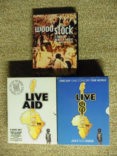 LIVE AID + LIVE 8 (incl T-Shirt) + WOODSTOCK Dvd Collectie, Cd's en Dvd's, Dvd's | Muziek en Concerten, Zo goed als nieuw, Muziek en Concerten