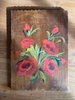 Vintage bloemen geschilderd op houten paneel., Huis en Inrichting, Gebruikt, Ophalen of Verzenden
