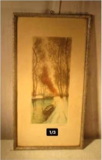 Prachtige antieke Ets 'Rivier in de Winter' - gesigneerd, Ophalen of Verzenden, Landschap, Ets, Ingelijst