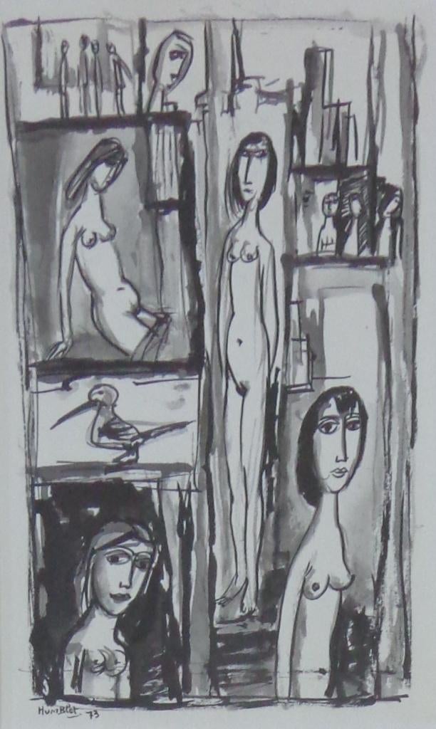 THEO HUMBLET / NAAKTEN ATELIER / ORIGINEEL / 55x40cm / KADER, Antiquités & Art, Art | Peinture | Moderne, Enlèvement ou Envoi