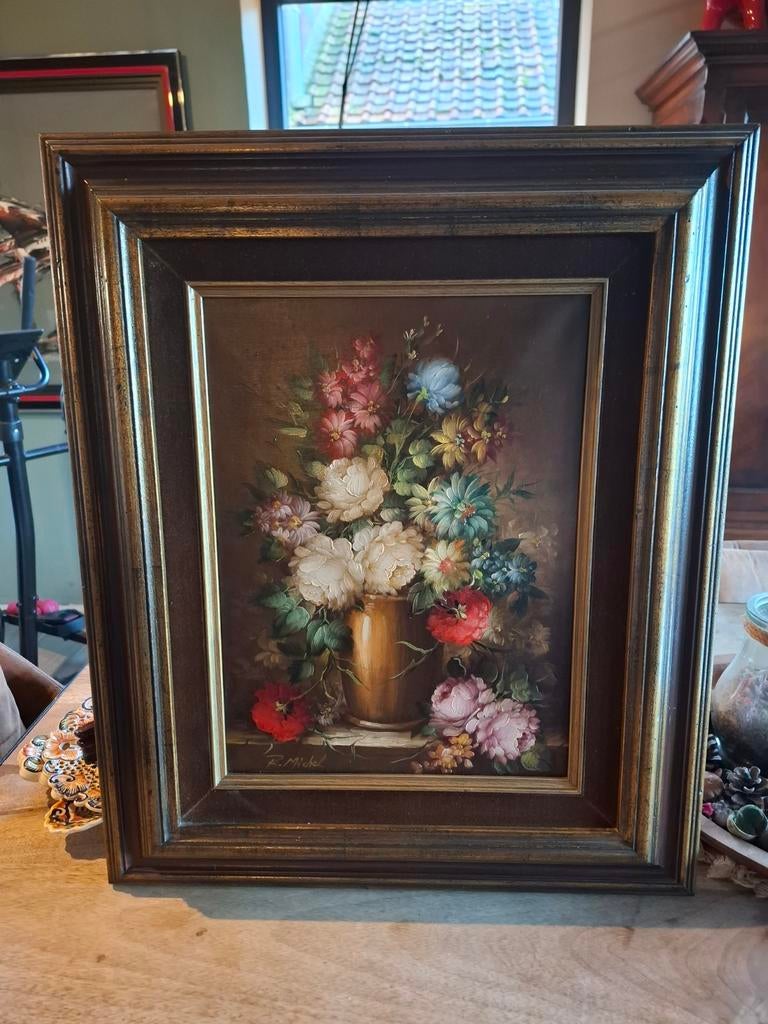 Klassiek bloemstilleven – gesigneerd R. Michel – met sierkad, Antiquités & Art, Art | Peinture | Classique, Enlèvement