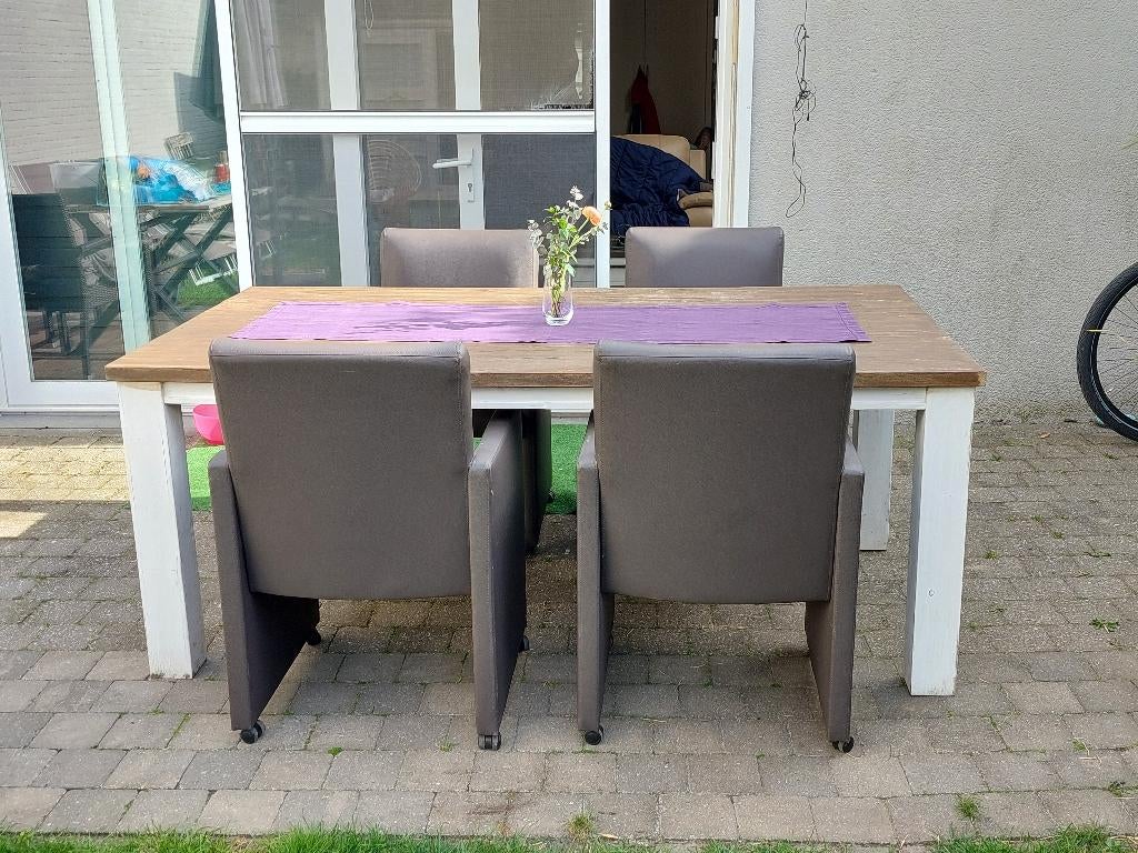 Eettafel + 6 lederen stoelen op wieltjes, Huis en Inrichting, Tafels | Eettafels, Ophalen, Gebruikt, 50 tot 100 cm, Vijf personen of meer