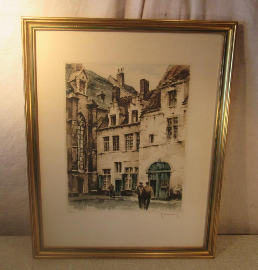 Mooie Oude Ets 'Mensen in de Stad' - Roger Hebbelinck, Antiek en Kunst, Ophalen of Verzenden, Stadsgezicht, Ets, Ingelijst