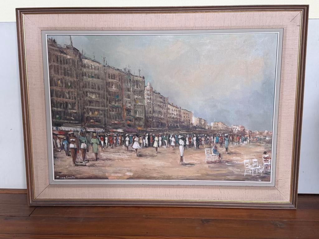 Schilderij - M Van Loocke - strand op een drukke zomerdag, Ophalen