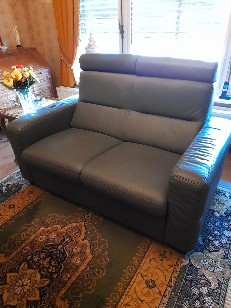 Salon in donkergrijs leder 3+2zit., Ophalen, Zo goed als nieuw, Vierpersoons of meer, Leer