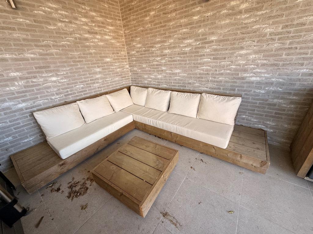 Steiger houten loungeset met kussens  en tafeltje, Tuin en Terras, Bank, Steigerhout, Ophalen of Verzenden, Loungeset