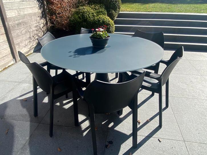 Ronde tuintafel met 6 stoelen, Tuin en Terras, Tuinsets en Loungesets, Gebruikt, Tuinset, Aluminium, 6 zitplaatsen, Eettafel, Stoel