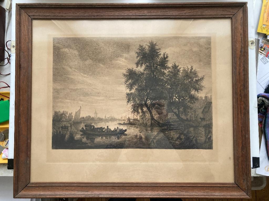 Gravure van een oud landschap, Antiek en Kunst, Kunst | Etsen en Gravures, Gravure, Ingelijst, Landschap, 1800 - 1899, Ophalen