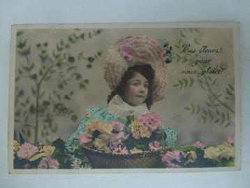 carte postale ancienne Ces fleurs pour vous plaire fille fle, Envoi, Avant 1920, Affranchie, Enfants