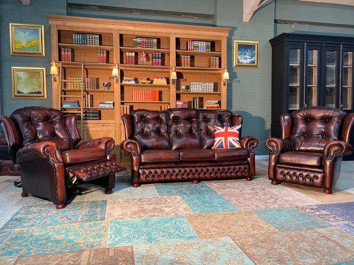Chesterfield 3+1+1 zetels roodbruin GRATIS GELEVERD, Huis en Inrichting, Zetels | Voetbanken en poefs, Leer, Ophalen of Verzenden