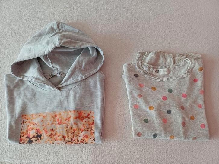 2 lichtgrijze truien 8-9 met en zonder kap, Kinderen en Baby's, Kinderkleding | Maat 128, Zo goed als nieuw, Meisje, Trui of Vest