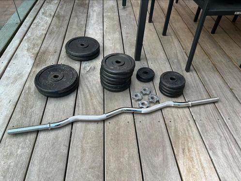 Halterstangen, schijven, 2 pull-up bars (fitness materiaal), Sport en Fitness, Fitnessmaterialen, Gebruikt, Halterstangen, Armen