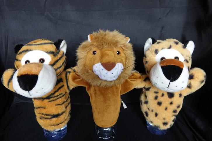 set 3 zachte handpoppen leeuw tijger en luipaard, Kinderen en Baby's, Speelgoed | Knuffels en Pluche, Gebruikt, Ophalen of Verzenden
