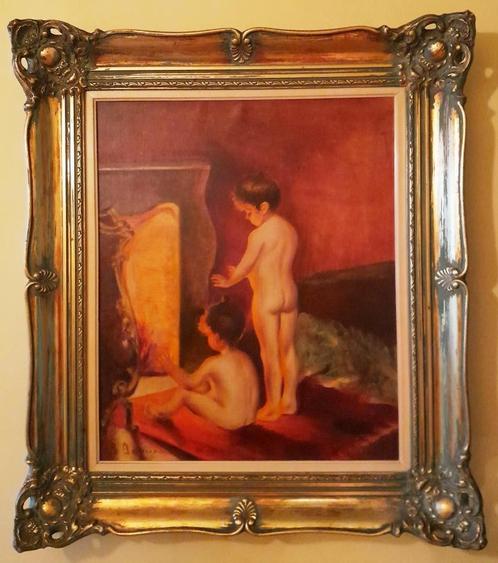"ENFANTS NUS" - PEINTURE TOILE B.DEVOS - CADRE ANTIQUE DORE, Antiquités & Art, Art | Peinture | Classique, Enlèvement