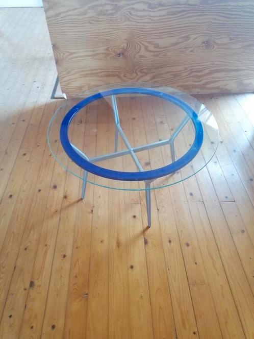 Ronde glazen blauw metaal salontafel modern design, Huis en Inrichting, Tafels | Bijzettafels, Gebruikt, Ophalen
