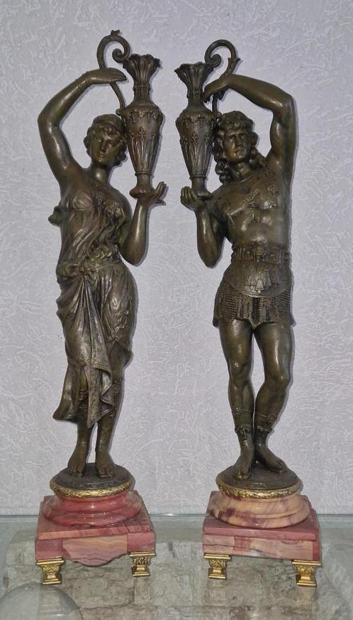 Prachtige set van 2 st. antieke man-vrouw zamac beelden, Antiek en Kunst, Antiek | Brons en Koper, Ophalen of Verzenden