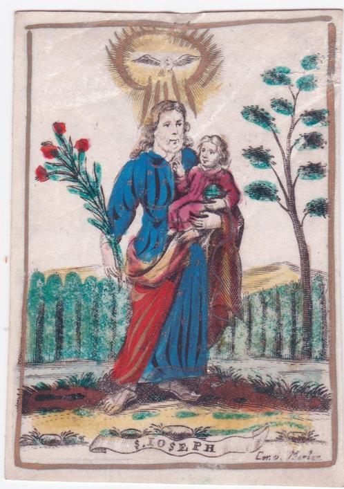 Gravure sur cuivre coloriée, sur parchemin Saint Joseph. Mas, Antiquités & Art, Art | Eaux-fortes & Gravures, Envoi