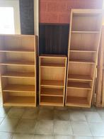 Set van 3 houten boekenkasten + open boekenkast te koop, Ophalen, Gebruikt, Met lade(s)