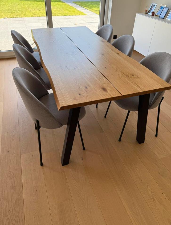 Eettafel met verlengstukken + 6 stoelen, Huis en Inrichting, Tafels | Eettafels, Zo goed als nieuw, Rond, Overige houtsoorten