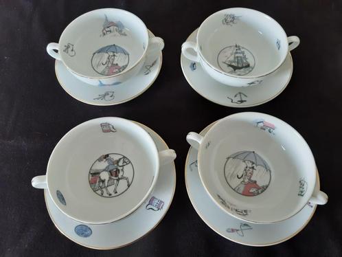 Porcelaine de Baudour - 4 sets soupkommetjes met bord, Antiek en Kunst, Antiek | Porselein, Ophalen of Verzenden