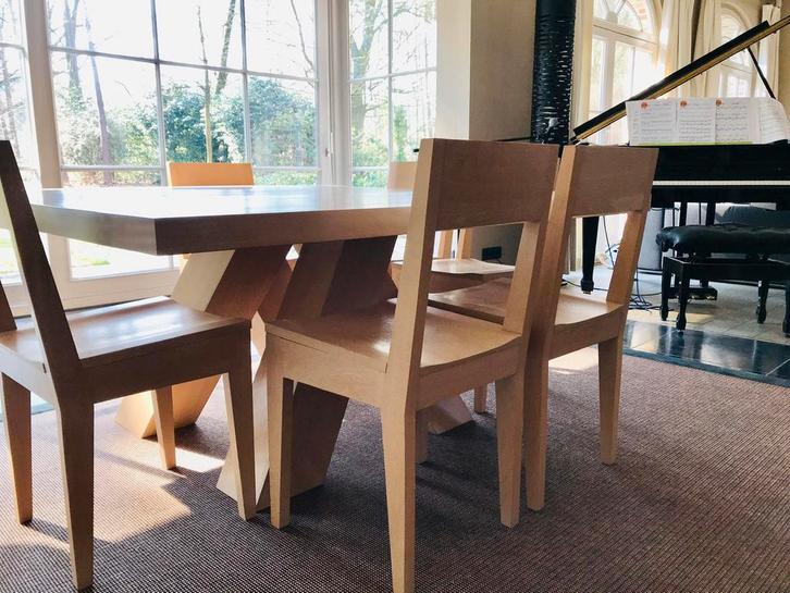 Design tafel BIRDMANFURNITURE Metro, + 6 stoelen ‘Amsterdam’, Huis en Inrichting, Complete eetkamers, Gebruikt, Ophalen