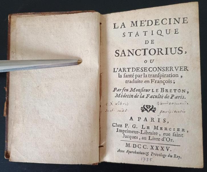 La Médecine statique de Sanctorius (1735), Antiek en Kunst, Antiek | Boeken en Manuscripten, Ophalen of Verzenden