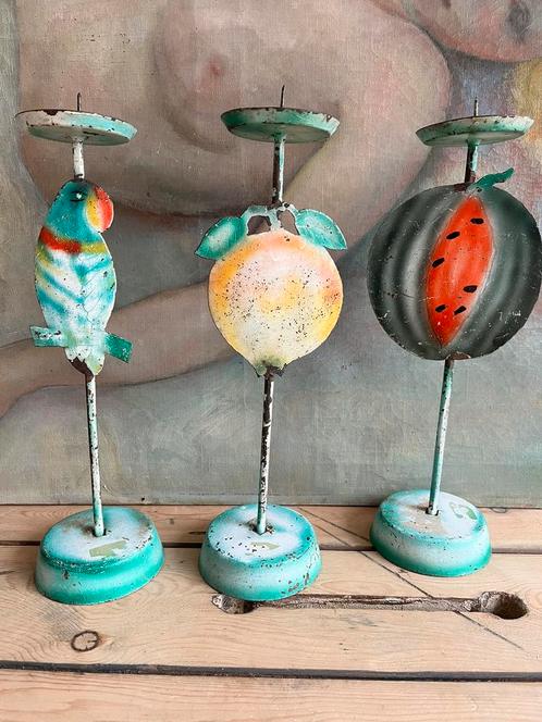 geschilderde metalen kandelaars watermeloen papegaai perzik, Huis en Inrichting, Woonaccessoires | Kandelaars en Kaarsen, Gebruikt