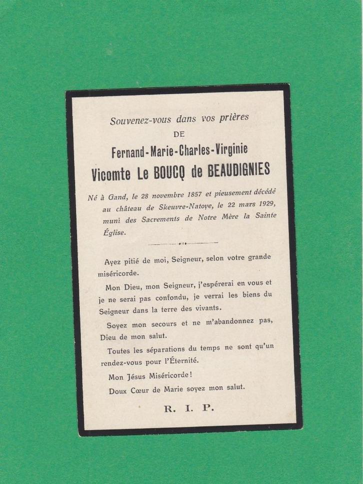 DP Vicomte Le Boucq de Beaudignies Fernand (Adel), Verzamelen, Bidprentjes en Rouwkaarten, Bidprentje, Verzenden