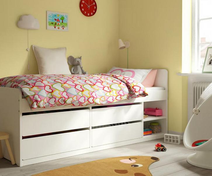 Wit bed met opbergvakken, Kinderen en Baby's, Kinderkamer | Bedden, Zo goed als nieuw, Lattenbodem, Ophalen