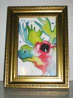 Mooie oude Aquarel schilderij (Hert met bril) met houten kad, Ophalen of Verzenden