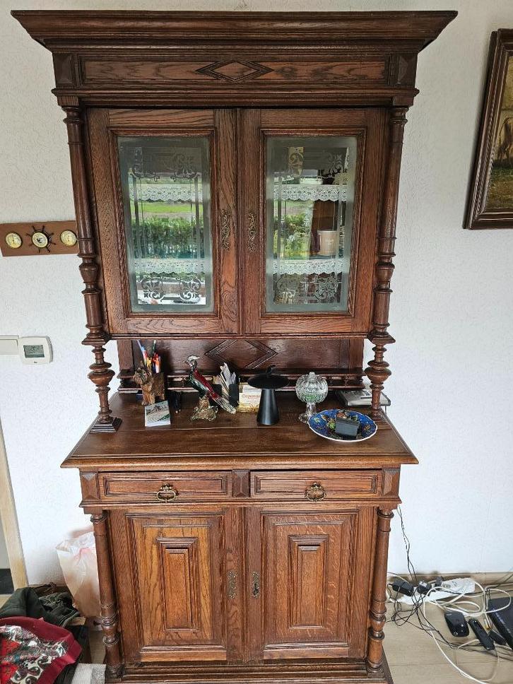 Antieke eiken buffetkast – geëtst glas, Antiek en Kunst, Antiek | Meubels | Kasten, Ophalen