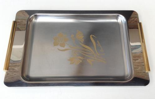 Vintage rechthoekig RVS zilver- en goudkleurig dienblad, Huis en Inrichting, Woonaccessoires | Dienbladen, Gebruikt, Metaal, Rechthoekig