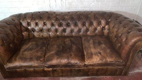 CHESTERFIELD 3-zitscollectie bank bruin gepatineerd leer, Huis en Inrichting, Zetels | Zetels, Gebruikt, Hout, Leer, Ophalen