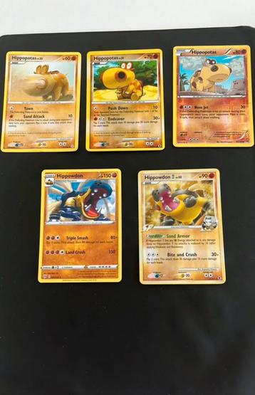 5 pokemonkaarten, namen: hippopotas (3), hippowdon (2). beschikbaar voor biedingen