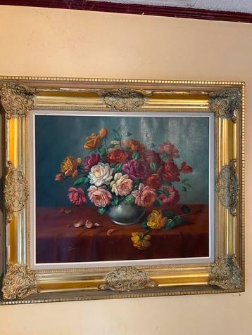 Schilderij van Govers M. bloempot met rozen