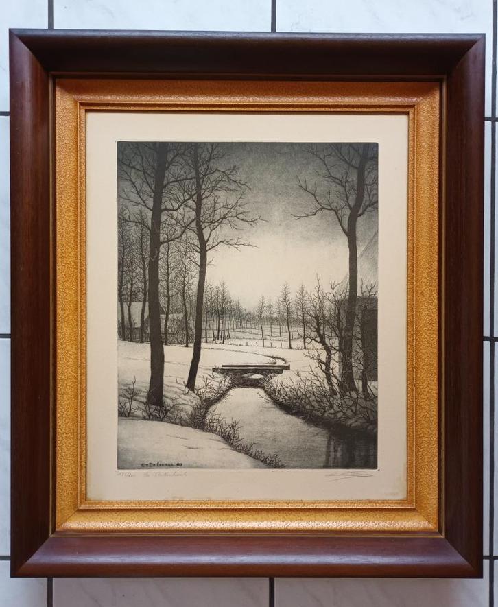 Ets 'De Waterhoek' zwart-wit De Cooman, Antiek en Kunst, Kunst | Etsen en Gravures, Ophalen