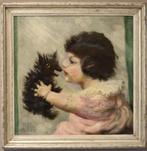 Schilderij van meisje met puppy, Ophalen of Verzenden