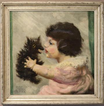 Schilderij van meisje met puppy beschikbaar voor biedingen
