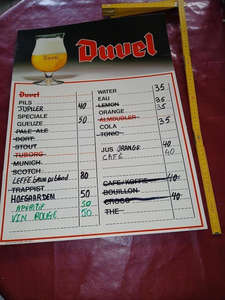 Ancien tarif  utilisé DUVEL d'avant l'euro, Collections, Marques de bière, Utilisé, Panneau, Plaque ou Plaquette publicitaire