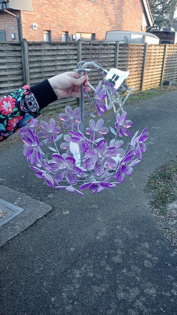 Kroonluchter/luster met paars bloemenmotief, Huis en Inrichting, Lampen | Kroonluchters, Gebruikt, Glas, Ophalen