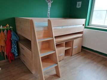 Halfhoogslaper met bureau eenpersoonsbed hout - incl matras