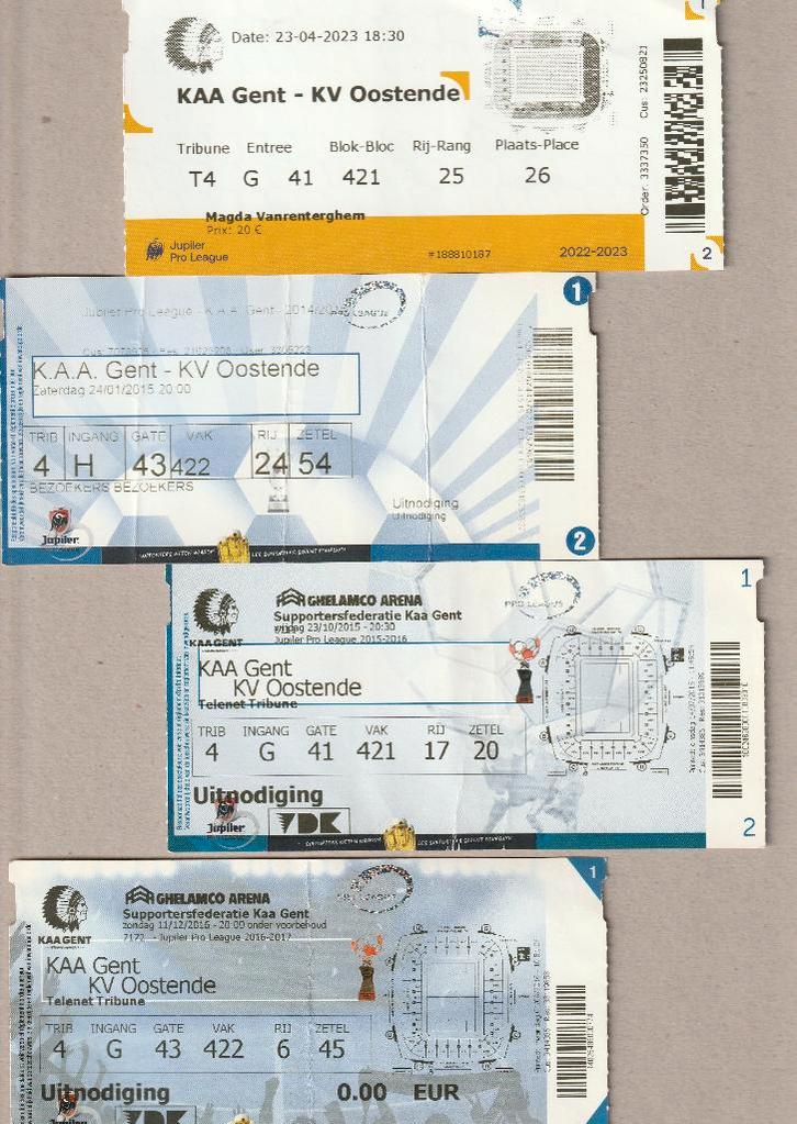 4 versch. (gebruikte) tickets Gent - Oostende (2015 - 2023), Verzamelen, Sportartikelen en Voetbal, Gebruikt, Overige typen, Ophalen of Verzenden