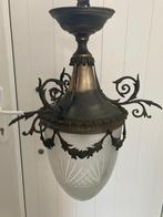 19e eeuwse hanglamp uit koper en geslepen glas, Ophalen of Verzenden, Gebruikt, Glas