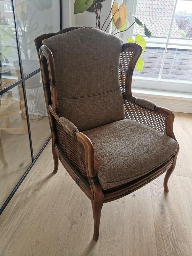 Vintage Faux Bamboo Giorgetti Fauteuil, Huis en Inrichting, Fauteuils, Zo goed als nieuw, Riet of Rotan, Stof, Ophalen