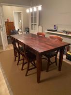 Koloniale eettafel met 4 stoelen - donderbruin teak, Huis en Inrichting, Tafels | Eettafels, Ophalen, Koloniaal, Teakhout, 50 tot 100 cm