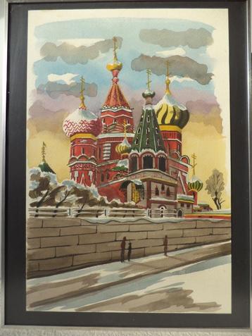 Mid-century gouache Rusland Kremlin Rode plein Moskou USSR beschikbaar voor biedingen
