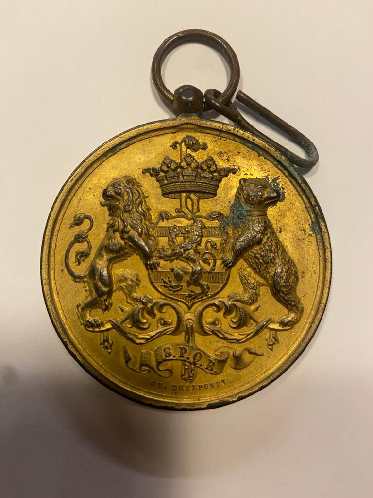 Vergulde Huldepenning voor M. en Mevr. Visart, Brugge, 1885, Postzegels en Munten, Penningen en Medailles, Brons, Ophalen of Verzenden