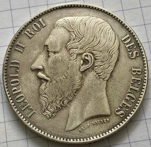 Zilver 5fr 1867 , Leopold II , Handtekening in hals, Postzegels en Munten, Munten | Europa | Niet-Euromunten, Losse munt, België